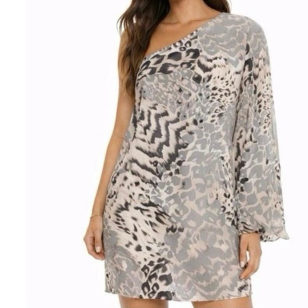 Elizabeth and James 100% Silk One Shoulder Mini Dress Abstract Animal Print